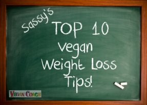 Chalkboard with Sassy's top Vegan Weight Loss Tips