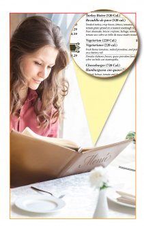 Image of a female reading a selection with a callout of fat labeling regarding menu